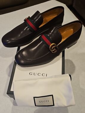 Gucci Black Leather Loafers with Green-Red Web & Gold GG